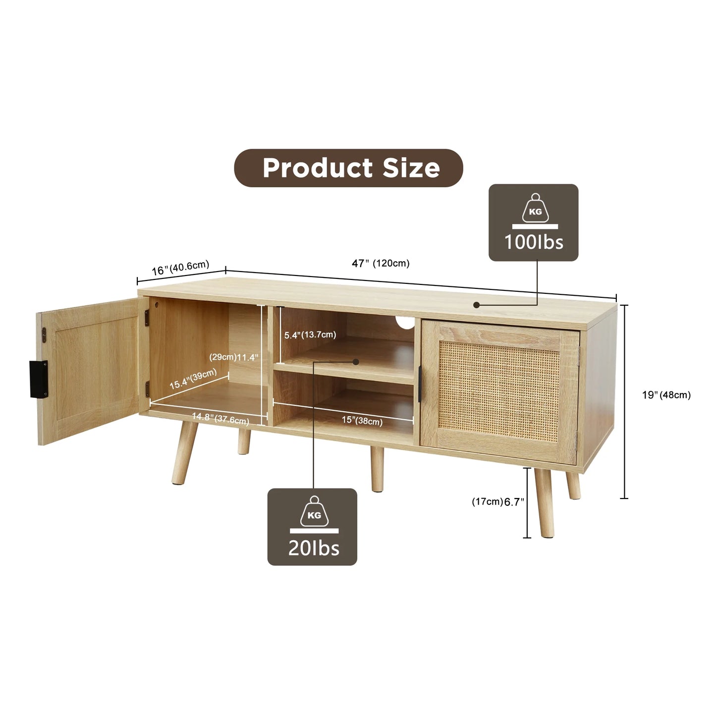 Farmhouse TV Stands for 55 Inch Tv,Wood Media Entertainment Center Cabinet Console Table with 2 Rattan Doors, Natural Oak, H0015